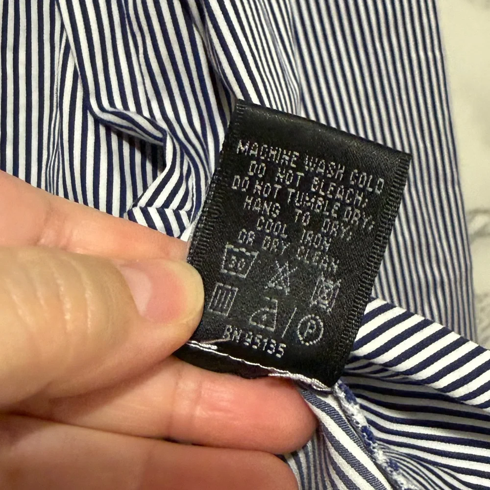 Lafayette 148 New York Navy and White Narrow-Stripe Button Shirt - Picture 7 of 8